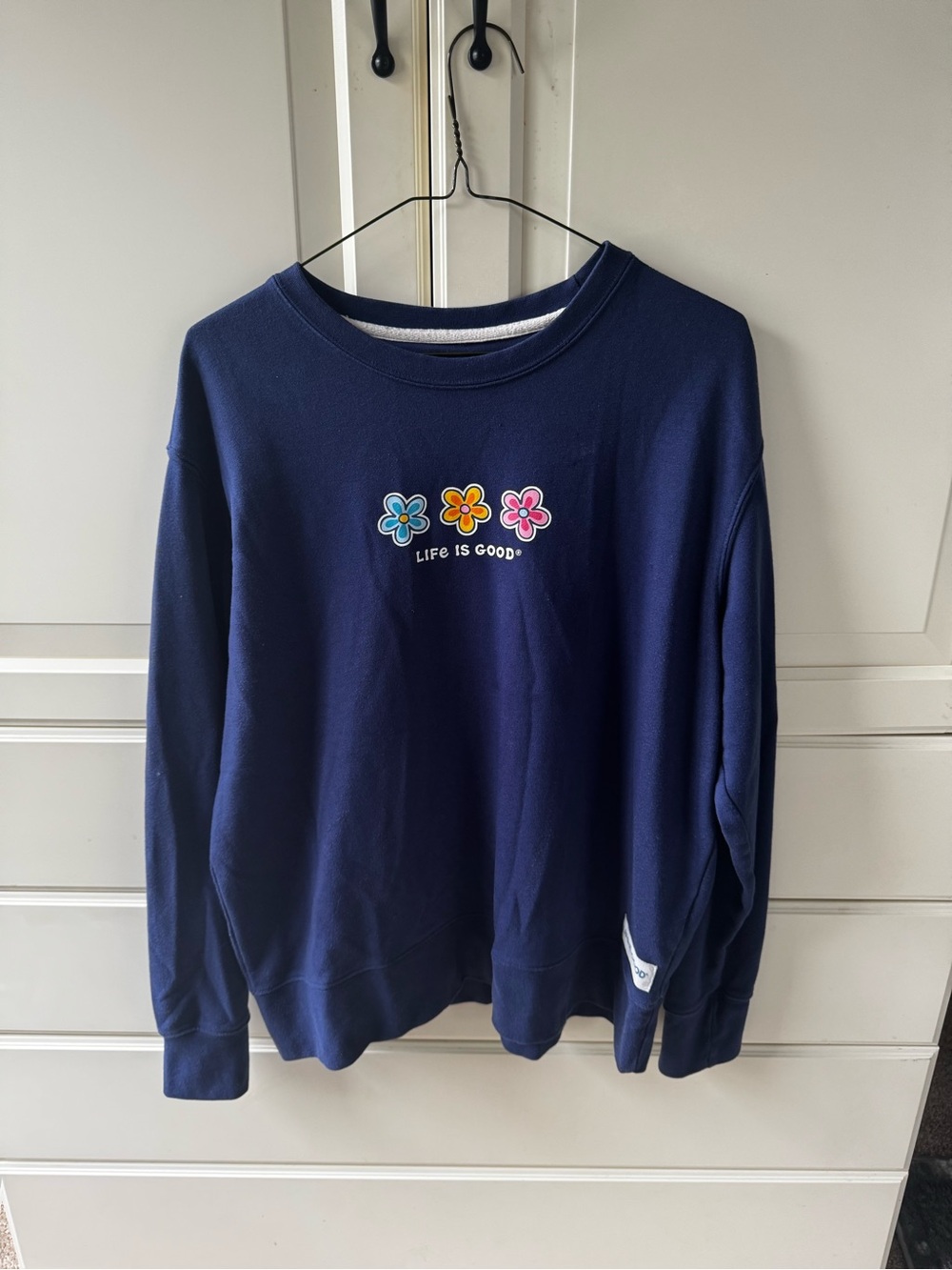Life Is Good Navy Crewneck Sweatshirt with Blue, Yellow & Pink Flower Patch